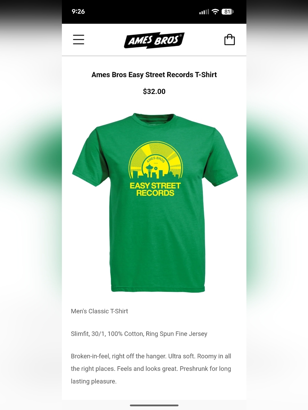 Mens Ames Bros Easy Street Records Size XL Green/Yellow